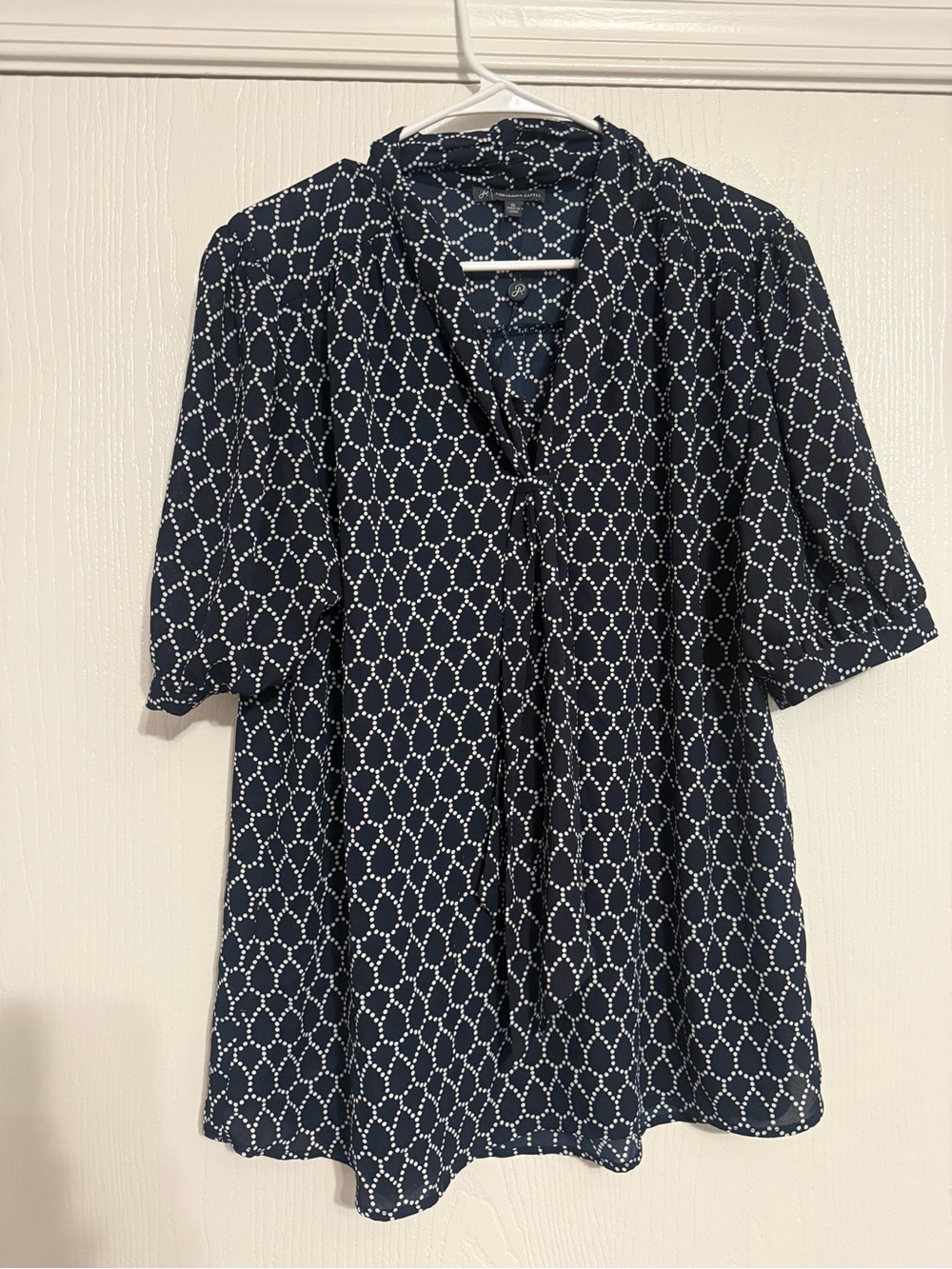 Adrianna Papell Navy and White Dot-Link Tie-Neck Blouse